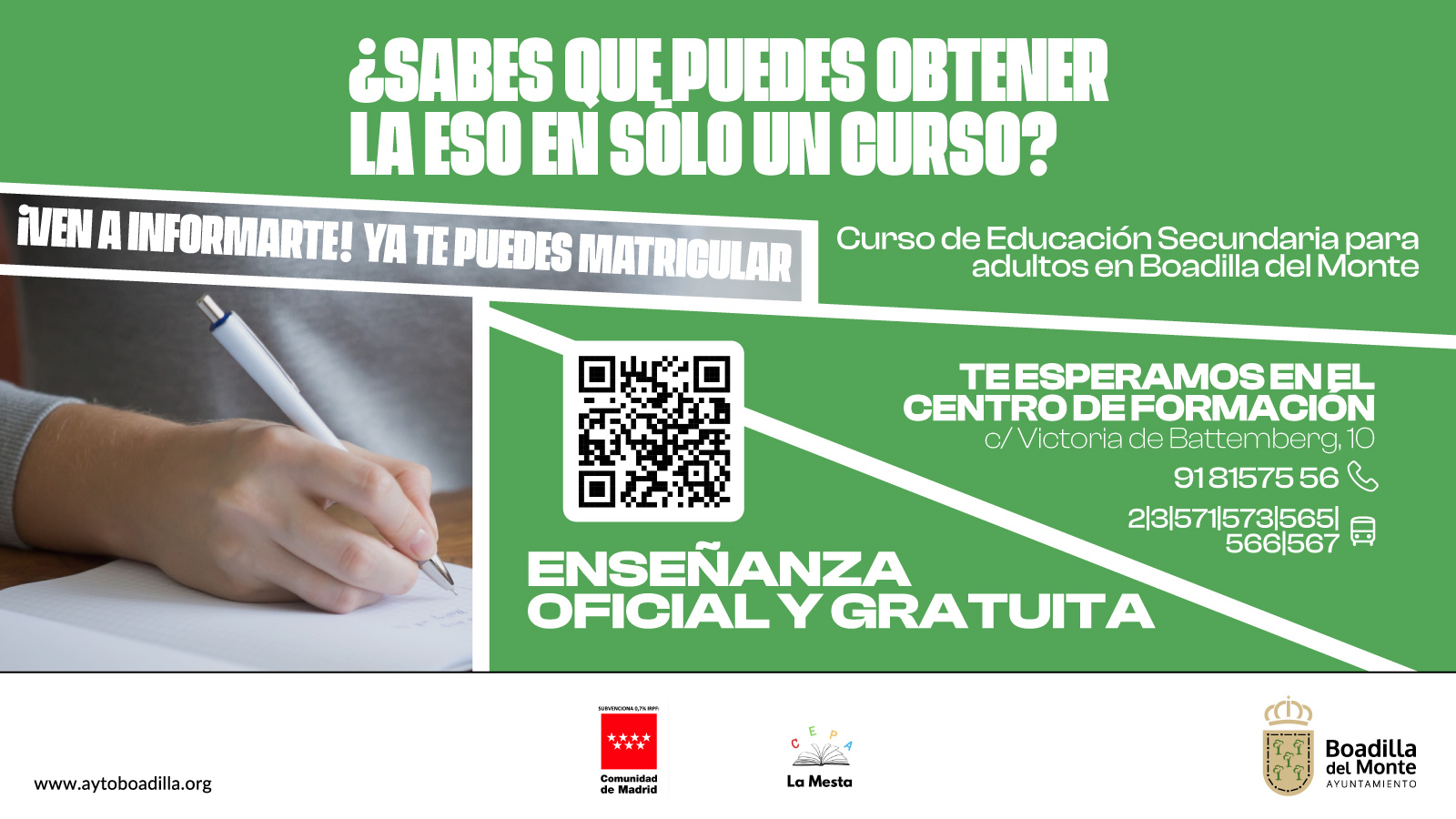 Abierto el plazo de matriculación para el curso de educación secundaria para adultos en Boadilla