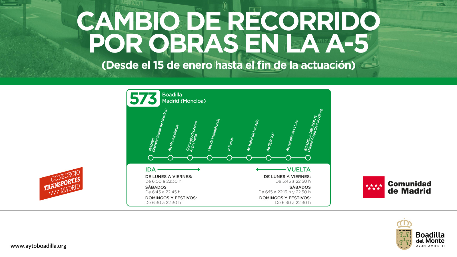 El Ayuntamiento de Boadilla comunica cambios en la línea 573 por obras en la A-5