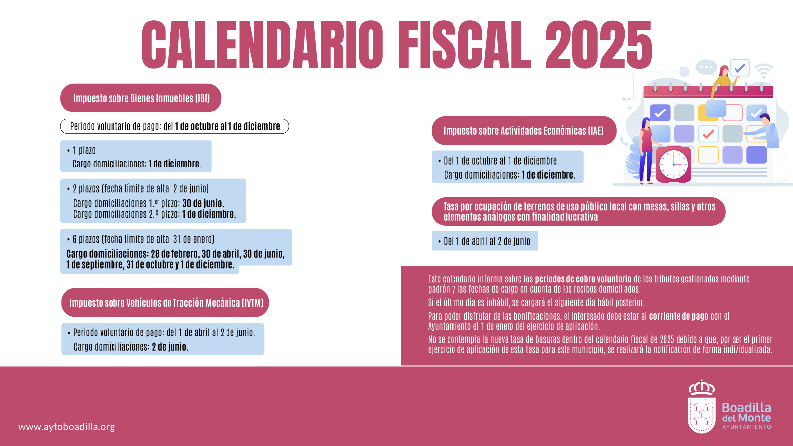 Calendario fiscal 2025 en Boadilla: Fechas clave y formas de pago