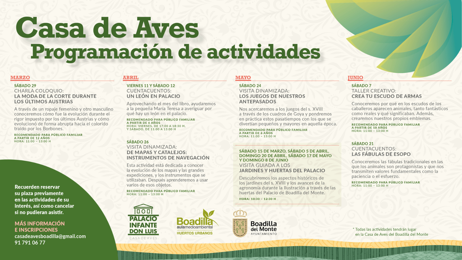 Programa de actividades en la Casa de Aves hasta junio